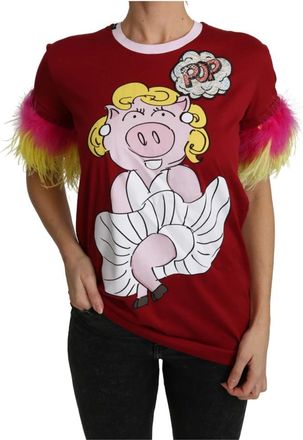 Dolce & Gabbana T-Shirt 2019 Jaar van het Varken - Dames - Tops - Rood - Maat: L Katoen