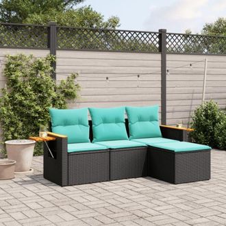 vidaXL Vidaxl - Set De Sof&aacute;s De Jard&iacute;n 4 Pzas Con Cojines Rat&aacute;n Sint&eacute;tico Negro