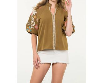 THML Clothing Embroidered Puff Sleeve Corduroy Top In Olive