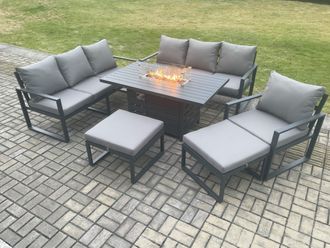 Fimous Aluminium 6 Pieces Garden Furniture Sofa Set with Cushions 9 Seater Gas Fire Pit Dining Table Set with 2 Big Footstools in Dark Grey