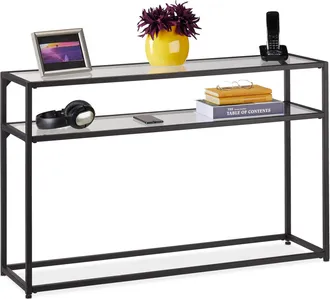 Relaxdays Relaxdays - Consola Recibidor Cristal, 2 Tableros, Mesita Entrada, 70x110x30 Cm, Pasillo, Metal, Vidrio Templado, Negro