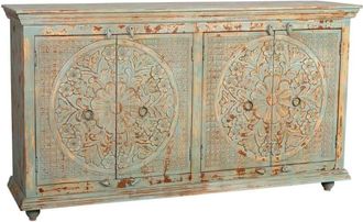 Wanderlust Deco Aparador de madera de 4 puertas acabado envejecido verde, 180x42x101h