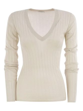 Brunello Cucinelli Geribbeld T-shirt met lange mouwen en V-hals - Beige