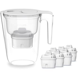 Philips Water Caraffa filtrante + 6 cartucce filtranti di ricambio, Filtrazione Avanzata, flusso rapido, timer elettronico, filtra CLORO, CALCARE