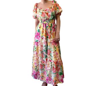 Flying Tomato Garden Floral Midi Dress In Ivory Fuchsia