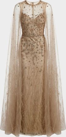 Mac Duggal Crystal-Embellished Feather Cape Column Gown