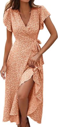 Generic Womens Summer Wrap Maxi Dress V Neck Short Sleeve Flower Print Flowy Dresses Ladies Ruffle High Waist Boho Evening Dress Chic and Elegant Beach Holida