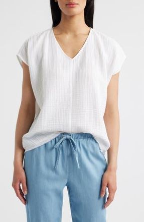 Eileen Fisher V-Neck Dolman Sleeve Organic Cotton Gauze Top in White at Nordstrom Rack, Size X-Small