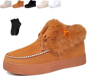 Generic POIOZXD Womens Bow Suede Platform Snow Fur Lined Ankle Boots Winter Boots for Women Suede Platform Slip on Fuzzy Lightweight Casual Loafers Warm Ankle