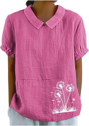 Generic Linen Shirts for Women UK Summer Lightweight Short Sleeve Tshirts Cute Collared Tops Boho Casual Blouses