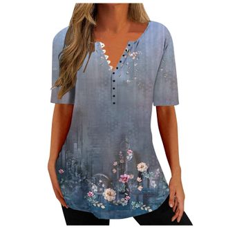 Generic Tunic Tops for Women UK,V Neck Button Shirt Floral Printed Summer Tee Shirts Tops Elegant Going Out Tops Casual Loose Short Sleeve T Shirts Ladies Blo