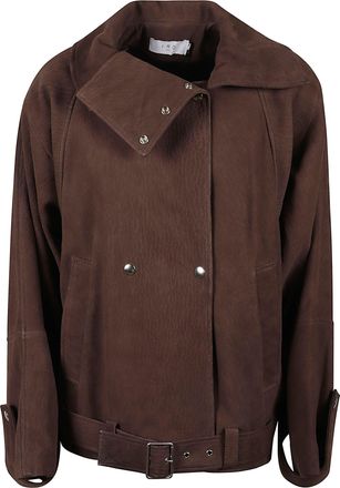 Iro Double-Breasted Brown Leather Jacket with Belted Waist