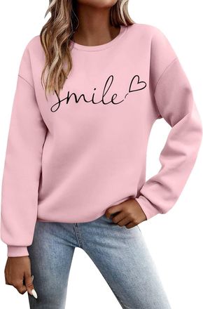 Generic Sweatshirts for Women Womens Daily Home Outdoor Workout Solid Long Sleeve O Neck T Shirt Top Printed Sweatshirt (XXL) Pink