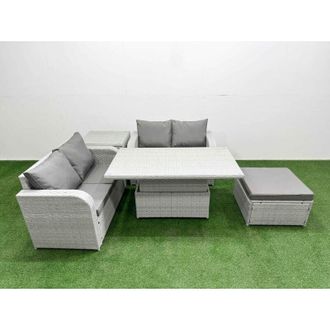 Fimous 5 Seater Outdoor Love Sofa Set Rattan Garden Furniture Set with Adjustable Lifting Dining or Coffee Table Big Footstool Side Table Light Grey - Fimous
