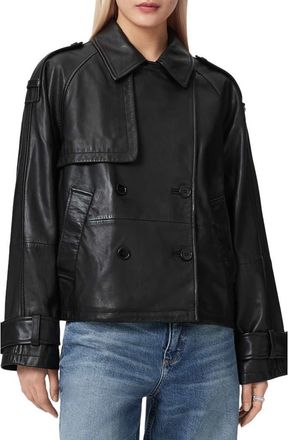 AllSaints Reya Crop Leather Trench Coat in Black at Nordstrom, Size Medium