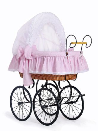 OEM Mois&eacute;s De Mimbre Retro Christine Con Capota Plegable - Ropa De Cama De Encaje Natural Y Rosa
