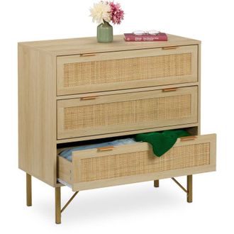 Relaxdays Relaxdays Cassettiera Camera da Letto, Com&ograve; con 3 Cassetti, 80x80x42 cm, Settimino in Look Rattan e Legno, Naturale Oro