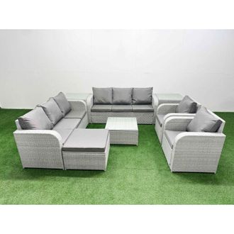 Fimous Pe Rattan High Back Lounge Sofa Set Patio Square Coffee Table & Chairs Set with 3 Seater Sofa Reclining Chair Big Footstool 2 Side Table Light Grey