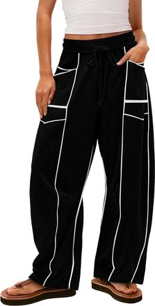 Generic Wide Leg Trousers for Women UK Barrel Sweatpants High Waisted Wide Leg Lounge Pants Summer Drawstring Waist Contrast Patchwork Pants(B-Black,L)
