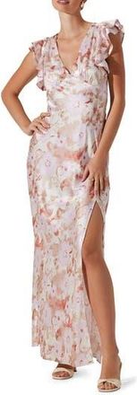 ASTR the Label Floral Flutter Sleeve Satin Maxi Dress in Pink Flral at Nordstrom Rack, Size X-Small