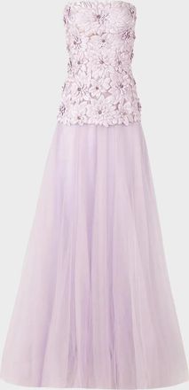Costarellos Gisella Petal Embellished Strapless Drop-Waist Tulle Gown
