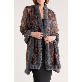 La Fiorentina Faux Fur Trim Chain Print Wrap Scarf in Grey at Nordstrom Rack