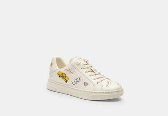 Coach Womens High Line Sneaker With Sketch Print in White, Size 6.5 | Leather