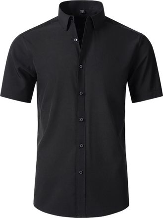 Generic Mens Super Stretchy Quick-Drying Breathable Dress Shirt, Button Down Short Sleeve Casual Summer Dress Shirts (Black 1,XXL)