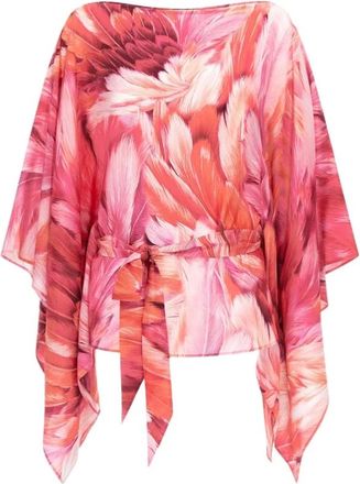 Roberto Cavalli Overhemden, Dames, Roze, L, Korte Plumage Print Kaftan Jurk
