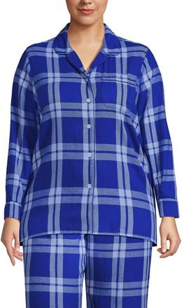 Lands End Plus Size Long Sleeve Print Flannel Pajama Top in Clear Blue Sky/lapis Plaid at Nordstrom, Size 2X