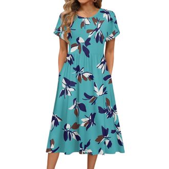 Generic Summer Midi Dress for Women UK Ladies Dresses Dresses for Female UK Chic Crew Neck Floral Print Petal Short Sleeve Tied Midi Dress with Pockets Ladies