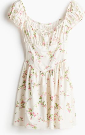 H&M Popelinekleid mit ausgestelltem Jupe - Weiss/Gebl&uuml;mt