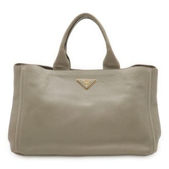 Prada Canapa Gray Leather Handbag Tote Bag (Pre-Owned)