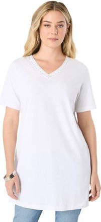 Roaman's Ultimate Rhinestone V Neck Tunic in White at Nordstrom, Size 40