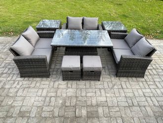 Fimous Wicker PE Rattan Garden Furniture Set Height Adjustable Rising Lifting Table Sofa Dining Set with Double Seat Sofa in Dark Grey