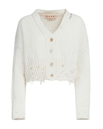 Marni White Distressed V Neck Cardigan