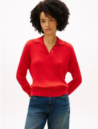 Tommy Hilfiger Womens Relaxed Fit Cable Knit Sweater Polo - Orange - XXS
