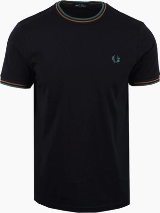Fred Perry Mens FRED PERRY TWIN TIPPED T-SHIRT NAVY/DARK CARAMEL/GREEN - Black - Size: 38