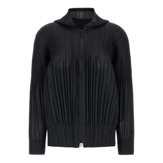 Issey Miyake Fluffy Basics Pleated Cardigan with Hood - female - Issey Miyake - Zip-throughs - Black - 2XL - Sweatshirts & Hoodies