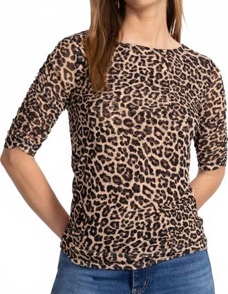 Johnny Was Ruched Sleeve Mesh Top In Leopard