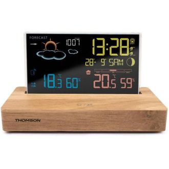 Thomson R&eacute;veil Station M&eacute;t&eacute;o Bois Fonc&eacute; - Affichage Temp&eacute;rature, Hygrom&eacute;trie, Double Alarme, Usb-c, Sonde Sans Fil