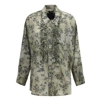 R13 Drop Neck Ruffle Shirt - Heren - Overhemden - Groen - Maat: S Viscose