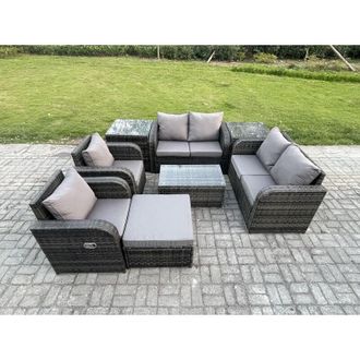 Fimous 7 Seater Rattan Garden Furniture Set Patio Outdoor Lounge Sofa Set with Rectangular Coffee Table Big Footstool Love Sofa 2 Side Tables Dark Grey
