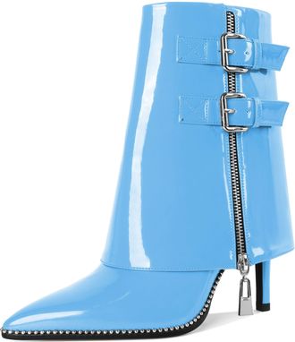 EDEFS Fold Over Boots for Women Mid Calf Ankle Boots Pointy Toe Comfortable for Winter Comfortable Light Blue UK4