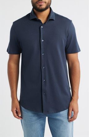 Stone Rose Technical Piqu&eacute; Knit Short Sleeve Button-Up Shirt in Navy at Nordstrom, Size 2