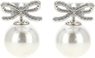 Self Portrait Crystal Bow Pearl Back Earrings - female - Self Portrait - Earrings - Gray - ONE SIZE - Accessories