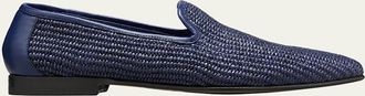 Manolo Blahnik Mens Mario Raffia Slippers, Navy