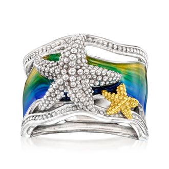 Ross-Simons Multicolored Enamel Starfish Ring in 2-Tone Sterling Silver