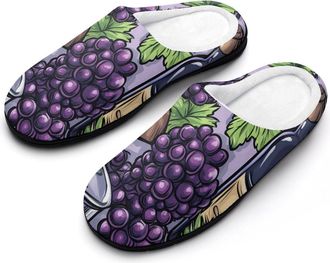 Generic Wine Glasses Grape Bottles Mens Warm Slippers Non-Slip Sole Winter Rubber Cotton Shoes for Bedroom