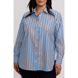 Foxcroft Meghan Stripe Cotton Button-Up Shirt in Indigo Blue/multi at Nordstrom, Size 2X